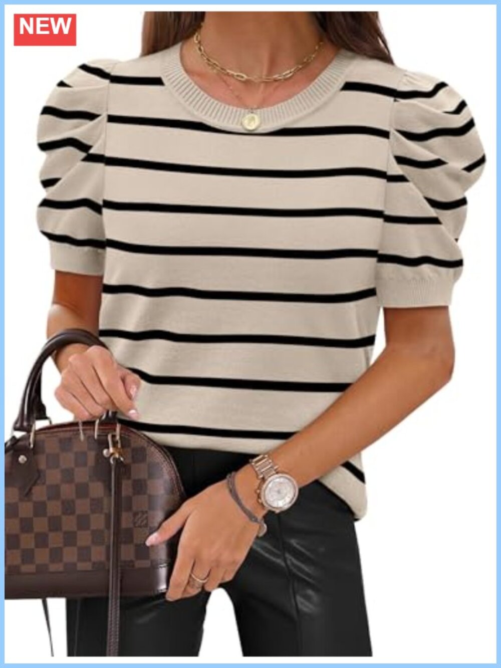 Women's Short Sleeve Knit Sweater Puff Sleeve Crewneck Striped Top Summer